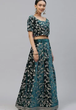 Embroidered Velvet Lehenga in Teal Blue