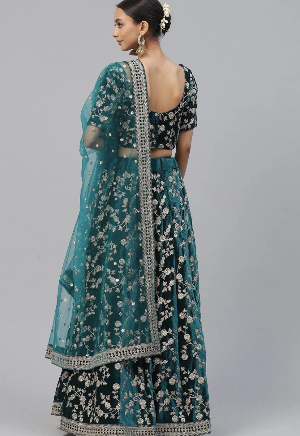 Embroidered Velvet Lehenga in Teal Blue