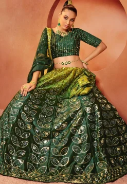 Embroidered Velvet Lehenga in Shaded Green