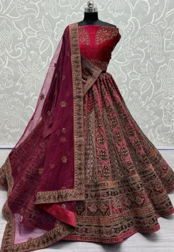 Embroidered Velvet Lehenga in Fuchsia