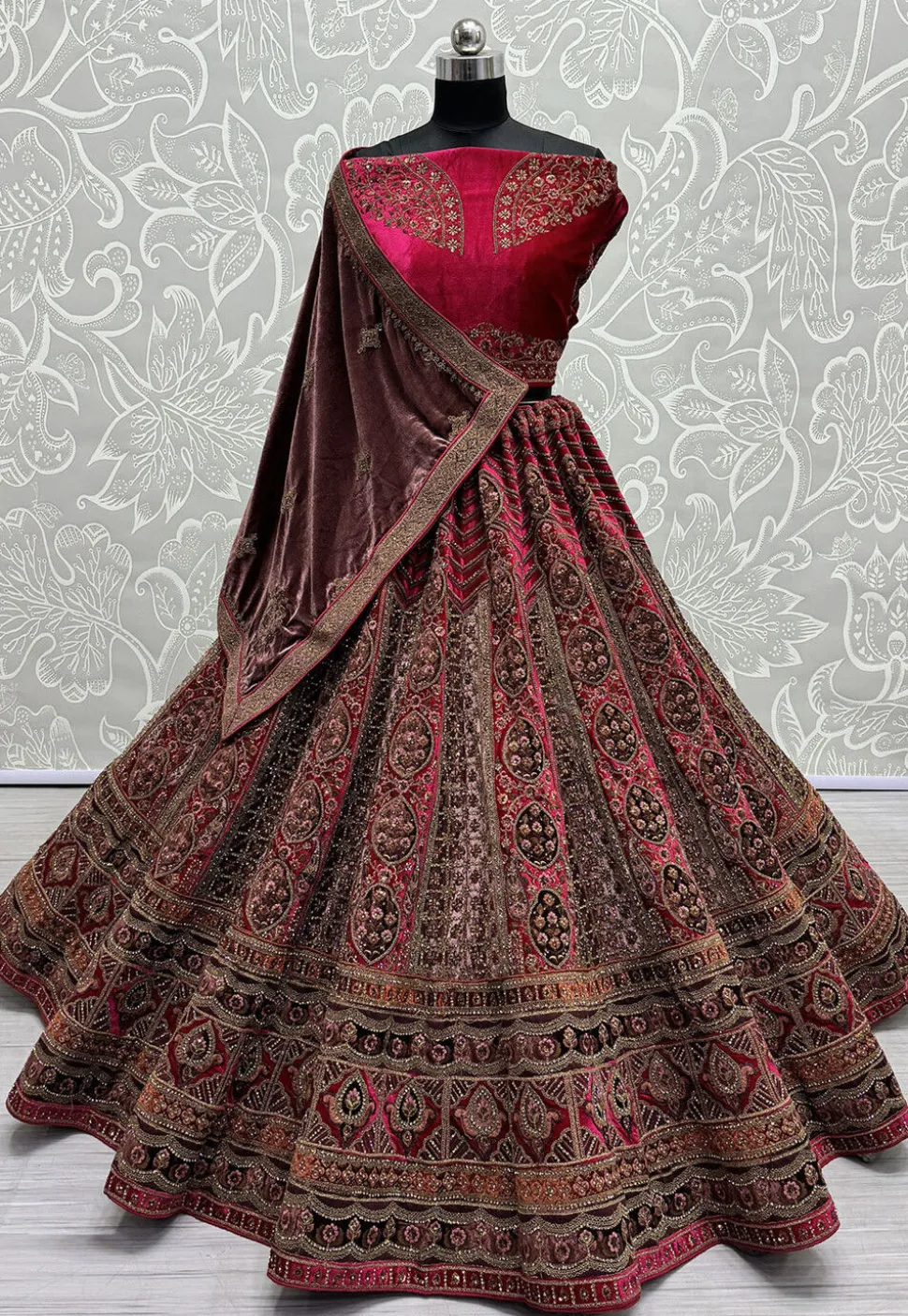 Embroidered Velvet Lehenga in Fuchsia