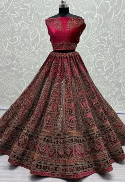 Embroidered Velvet Lehenga in Fuchsia