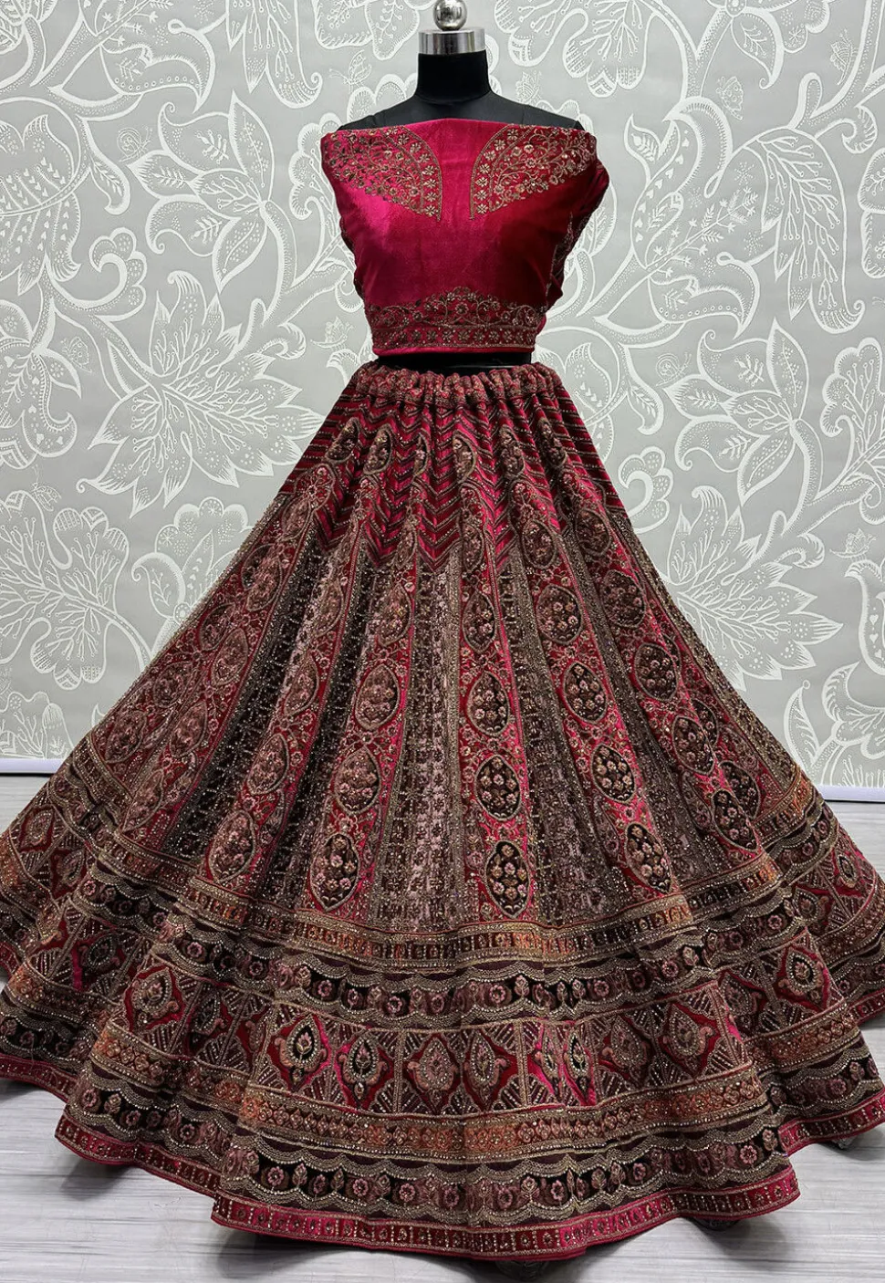 Embroidered Velvet Lehenga in Fuchsia