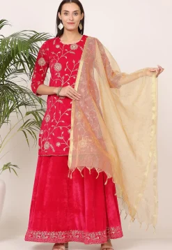 Embroidered Velvet Lehenga in Pink