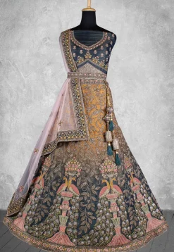Embroidered Velvet Lehenga in Yellow and Blue