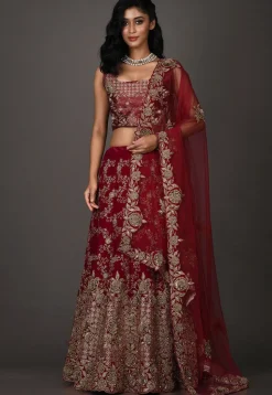 Embroidered Velvet Lehenga in Red