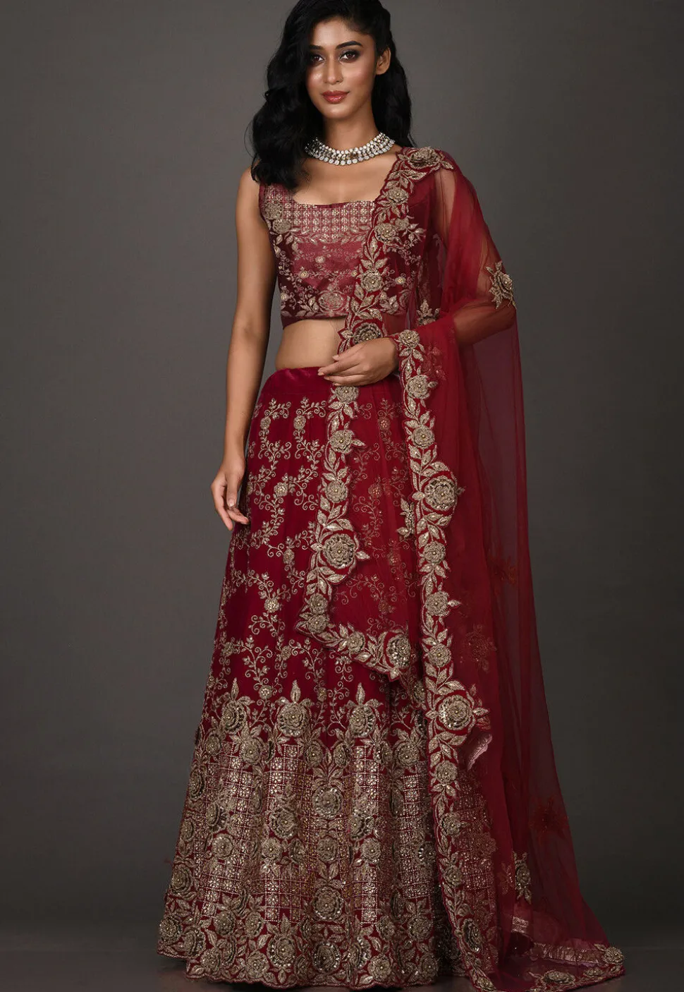 Embroidered Velvet Lehenga in Red