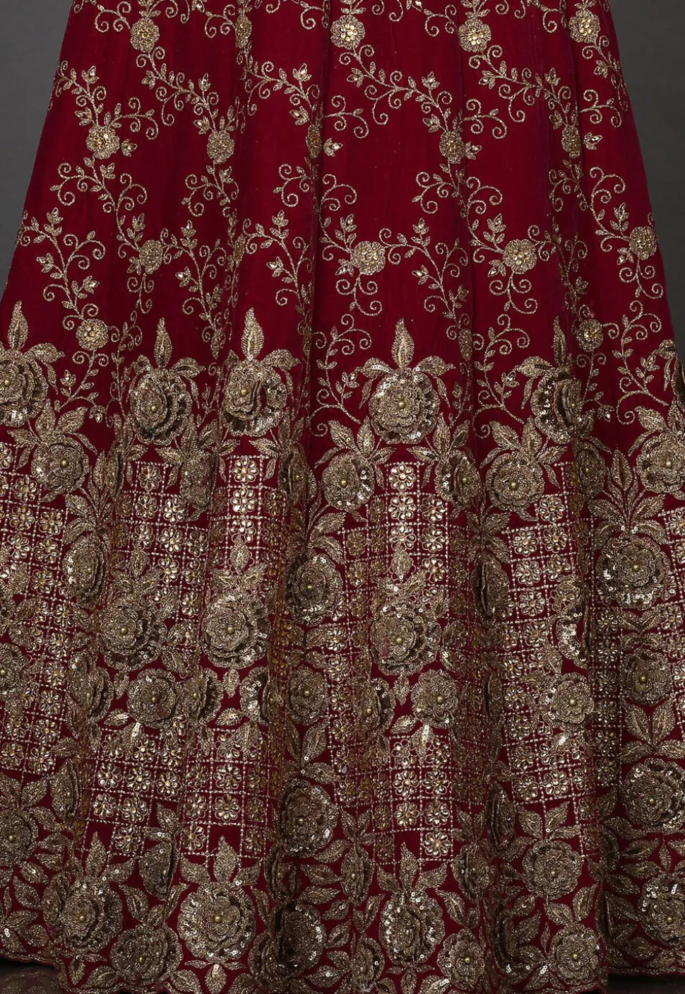 Embroidered Velvet Lehenga in Red