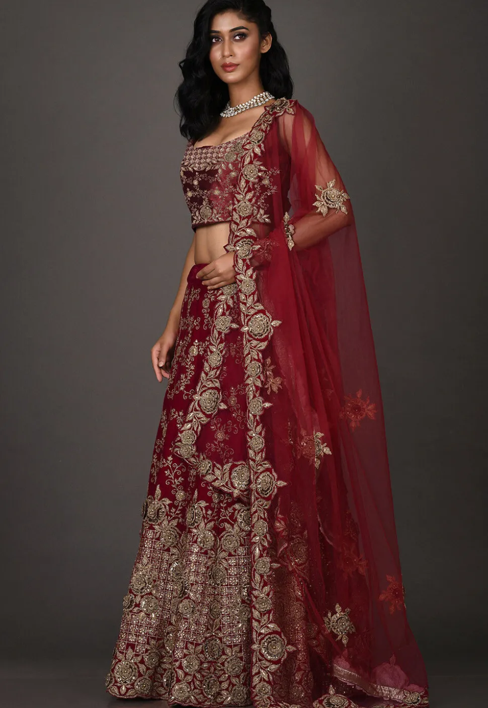 Embroidered Velvet Lehenga in Red