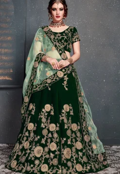 Embroidered Velvet Lehenga in Dark Green