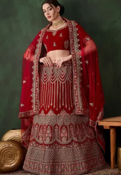 Embroidered Velvet Lehenga in Red