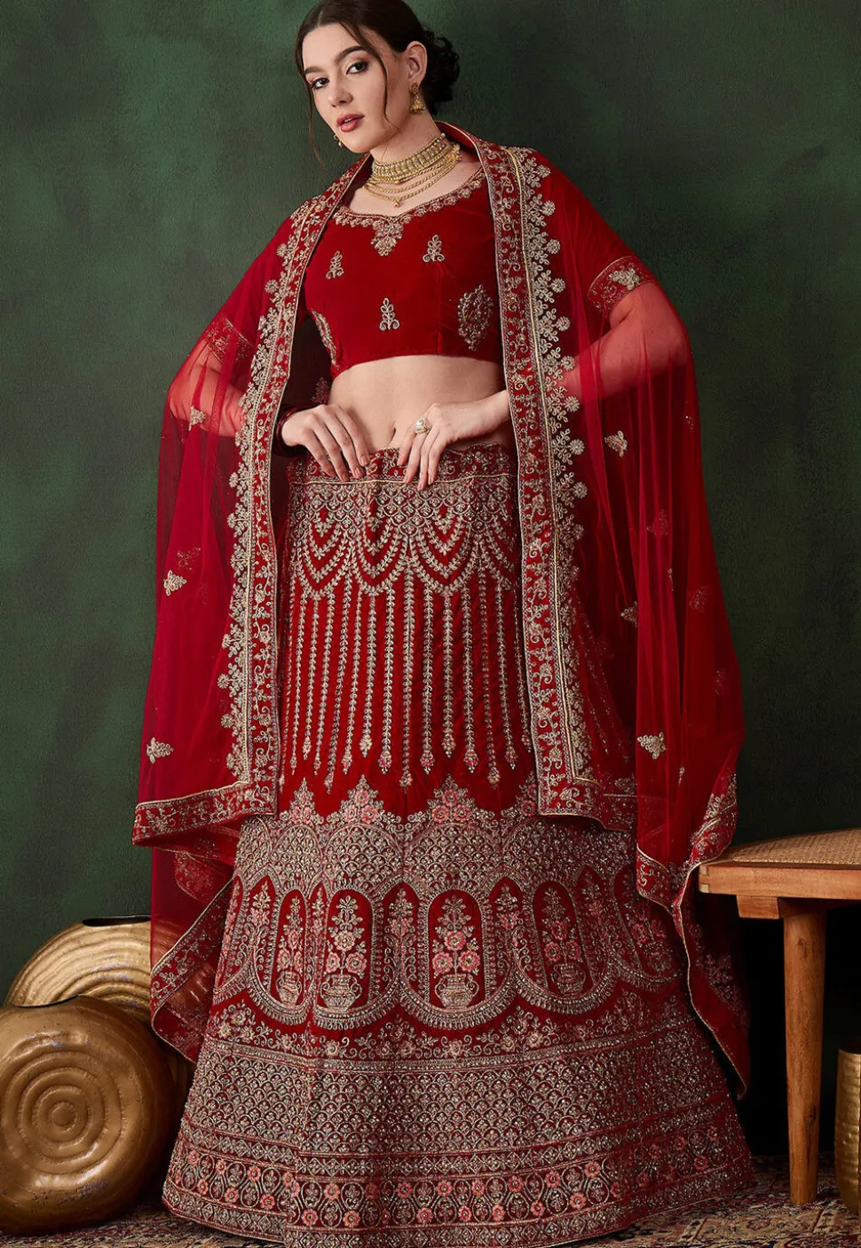 Embroidered Velvet Lehenga in Red