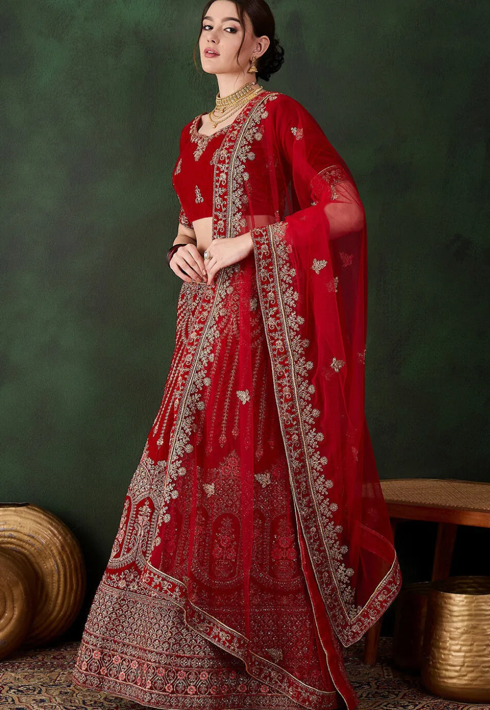 Embroidered Velvet Lehenga in Red