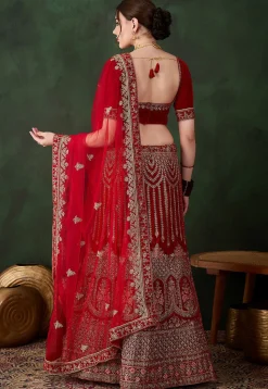 Embroidered Velvet Lehenga in Red