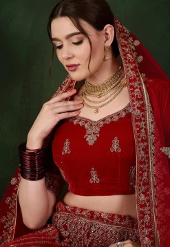 Embroidered Velvet Lehenga in Red