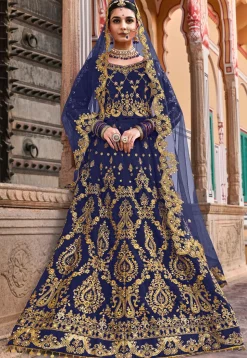 Embroidered Velvet Lehenga in Navy Blue