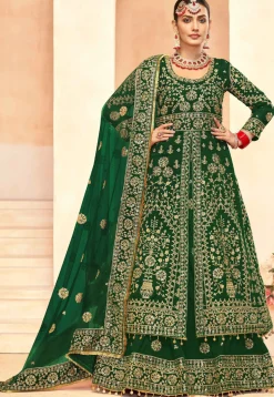 Embroidered Velvet Lehenga in Green
