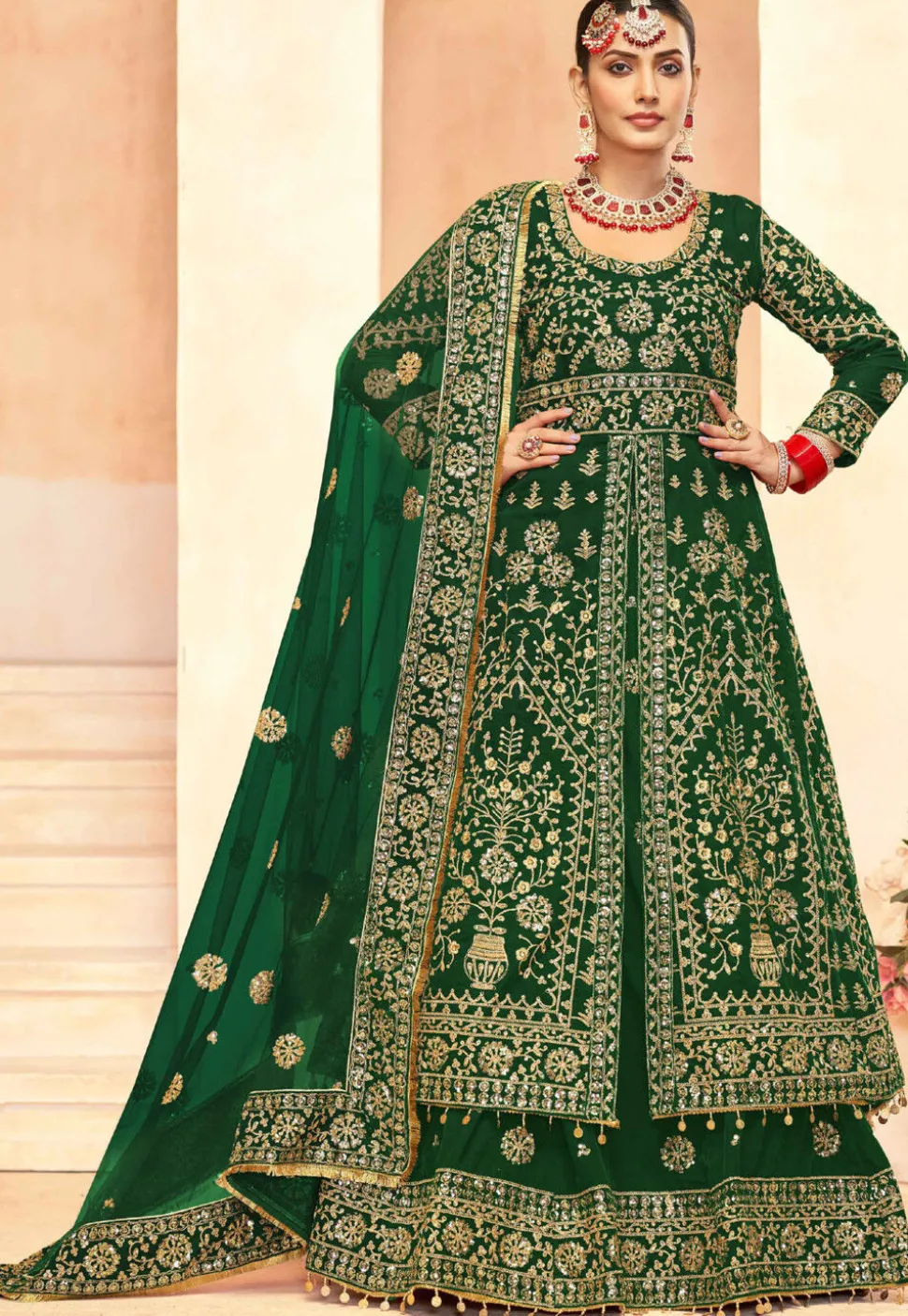 Embroidered Velvet Lehenga in Green