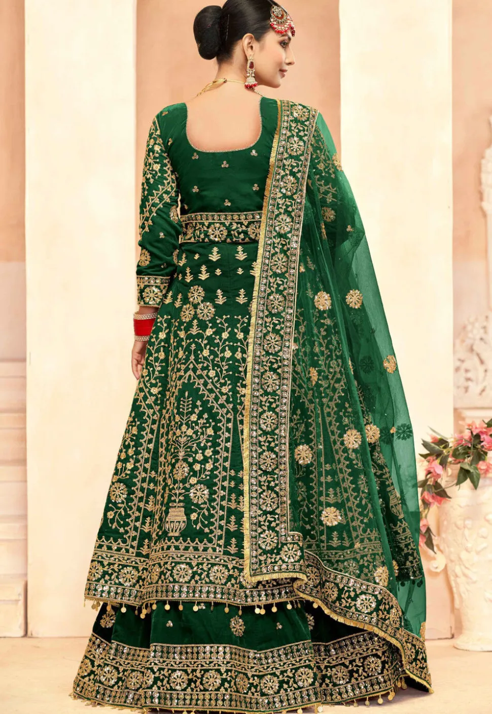 Embroidered Velvet Lehenga in Green
