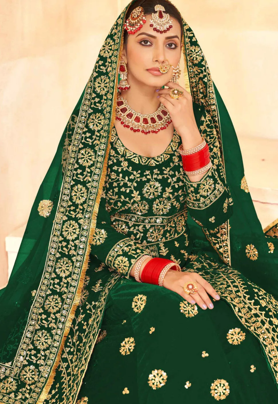 Embroidered Velvet Lehenga in Green