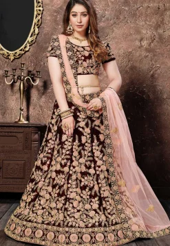 Embroidered Velvet Lehenga in Maroon