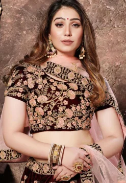 Embroidered Velvet Lehenga in Maroon