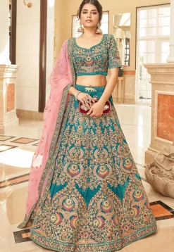 Embroidered Velvet Lehenga in Teal Green