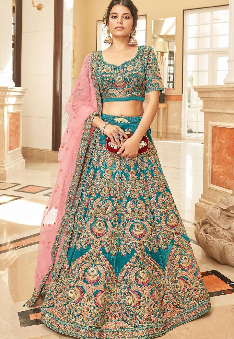Embroidered Velvet Lehenga in Teal Green
