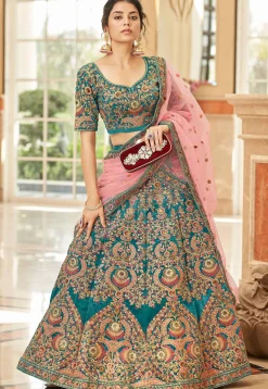 Embroidered Velvet Lehenga in Teal Green