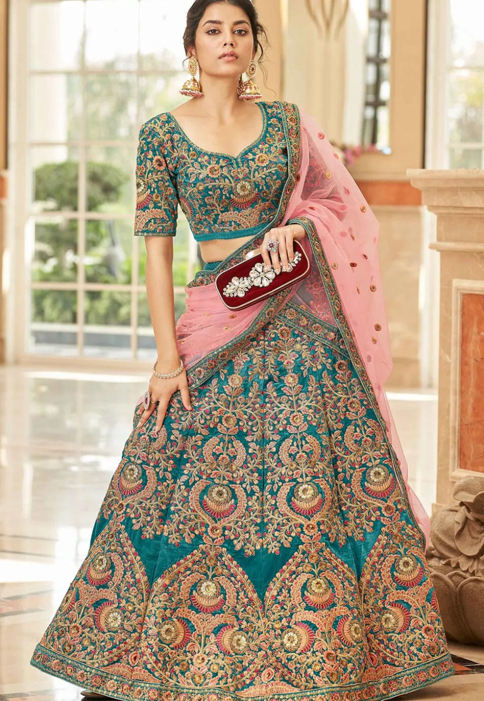 Embroidered Velvet Lehenga in Teal Green
