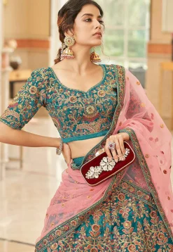 Embroidered Velvet Lehenga in Teal Green