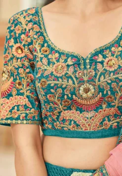 Embroidered Velvet Lehenga in Teal Green
