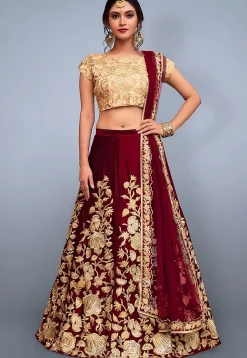 Embroidered Velvet Lehenga in Maroon