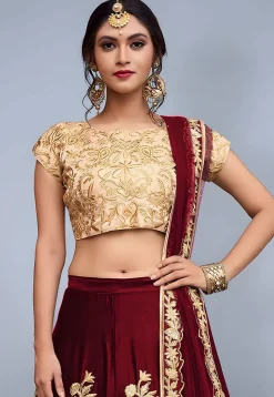 Embroidered Velvet Lehenga in Maroon