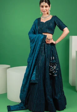 Embroidered Velvet Lehenga in Teal Blue