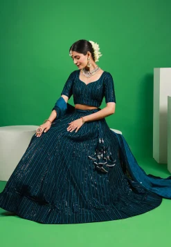 Embroidered Velvet Lehenga in Teal Blue