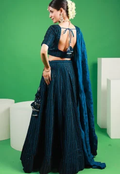 Embroidered Velvet Lehenga in Teal Blue