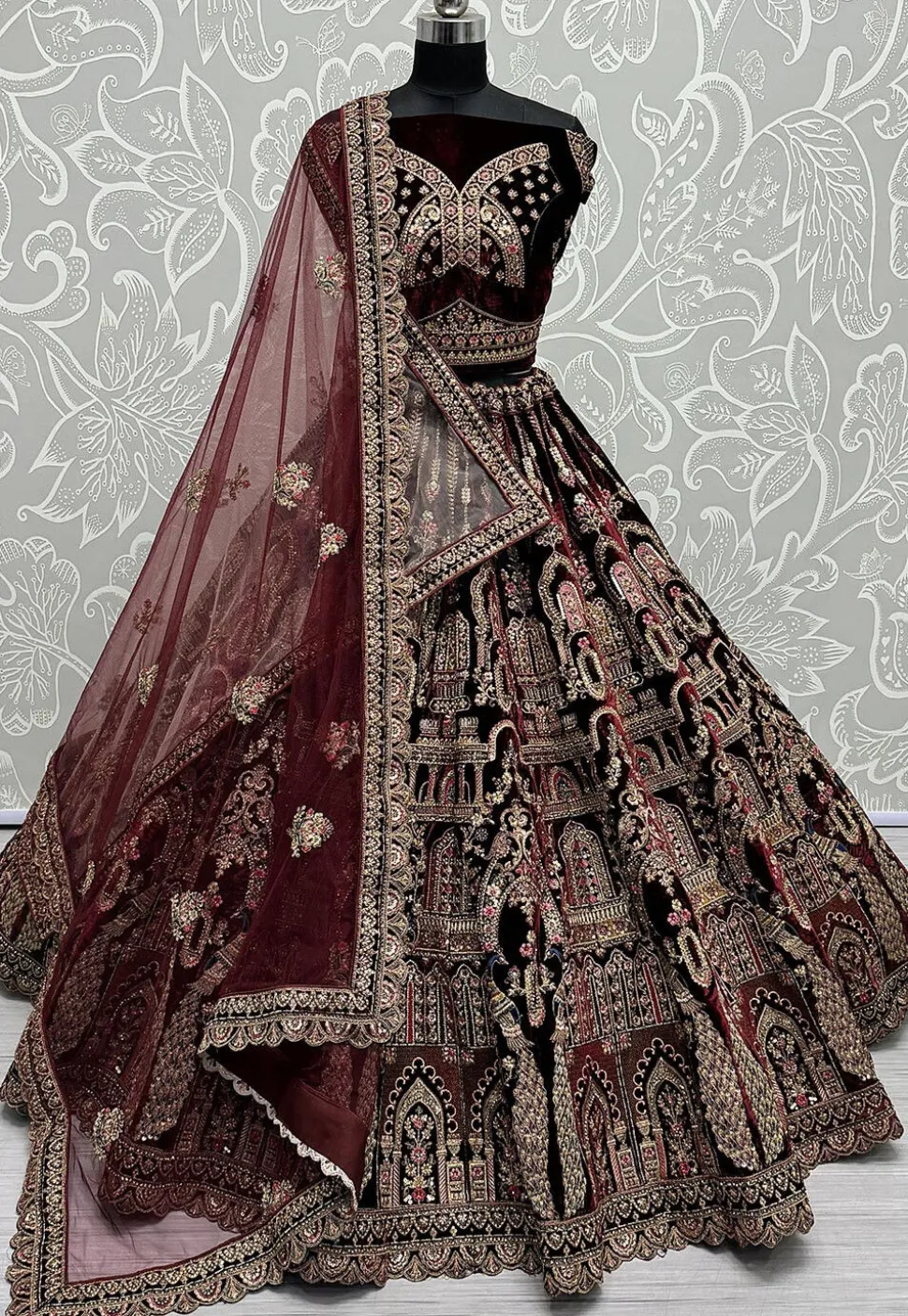 Embroidered Velvet Lehenga in Maroon