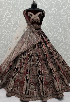 Embroidered Velvet Lehenga in Maroon