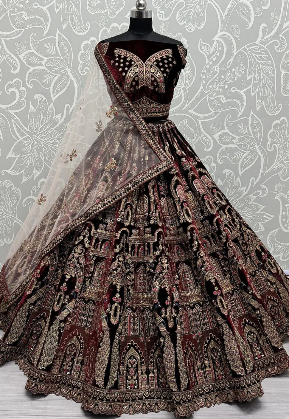 Embroidered Velvet Lehenga in Maroon
