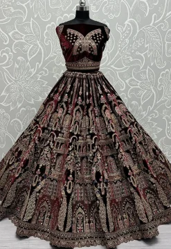 Embroidered Velvet Lehenga in Maroon