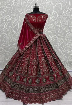 Embroidered Velvet Lehenga in Fuchsia