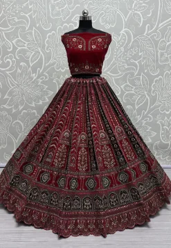 Embroidered Velvet Lehenga in Fuchsia