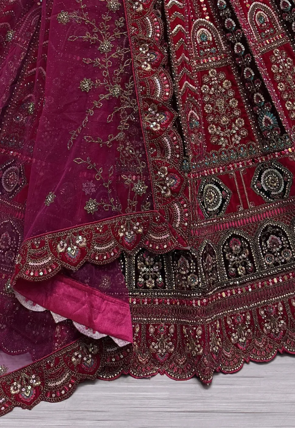 Embroidered Velvet Lehenga in Fuchsia