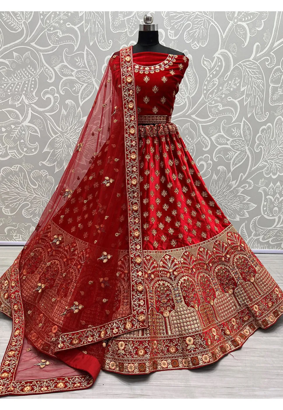 Embroidered Velvet Lehenga in Red