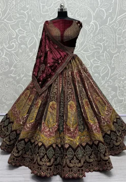 Embroidered Velvet Lehenga in Maroon