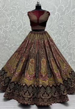 Embroidered Velvet Lehenga in Maroon