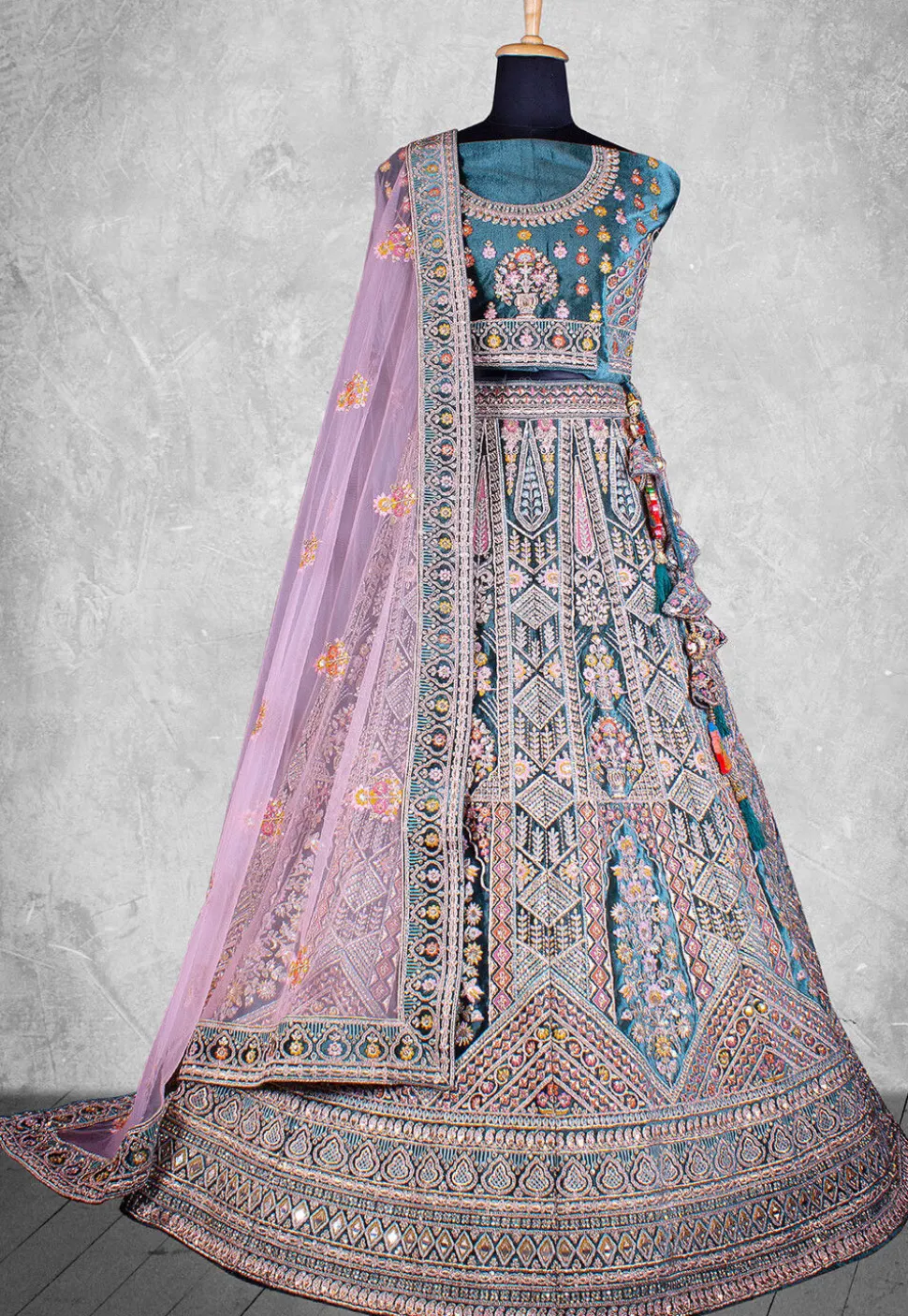 Embroidered Velvet Lehenga in Teal Blue