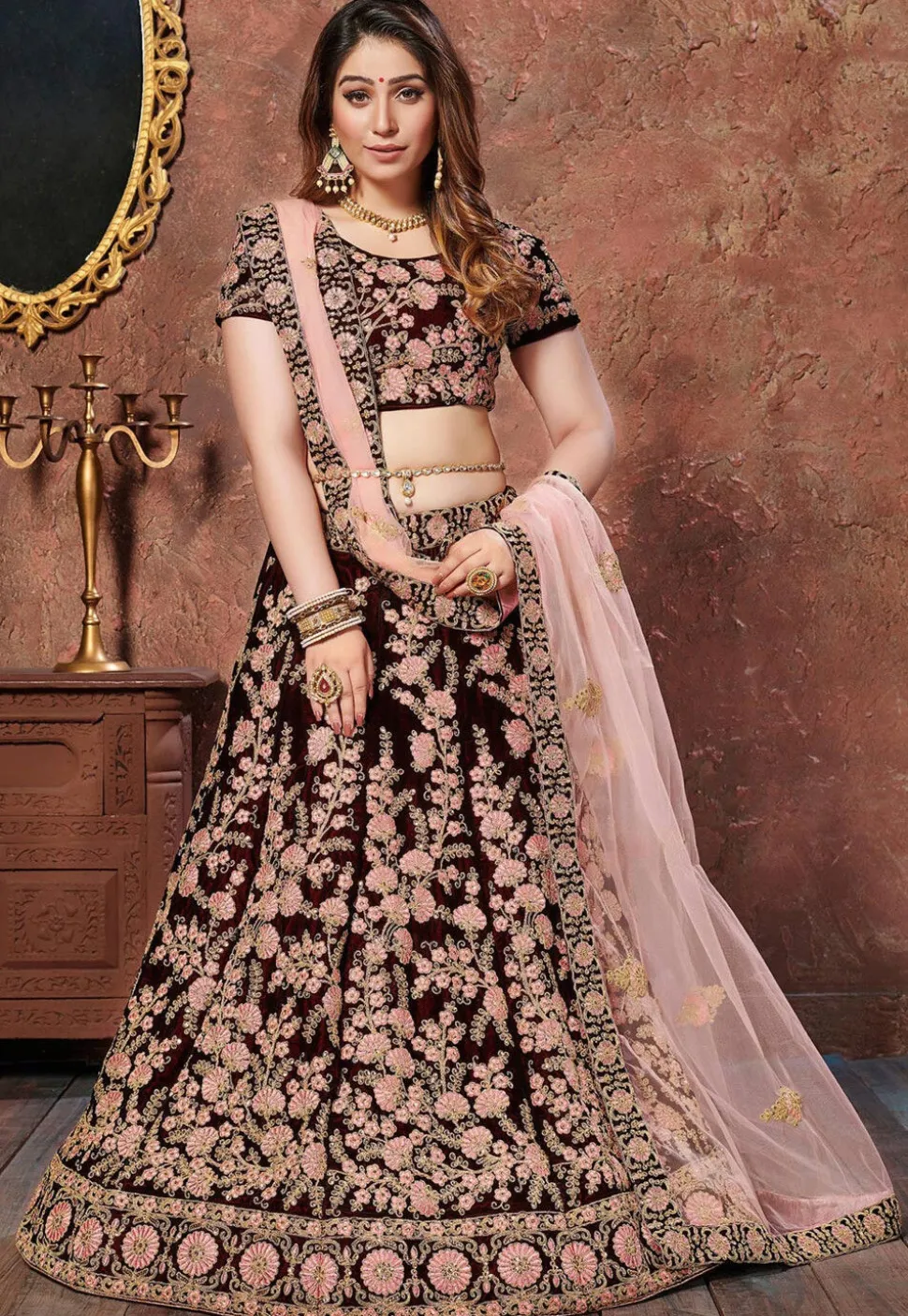 Embroidered Velvet Lehenga in Maroon
