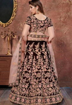 Embroidered Velvet Lehenga in Maroon